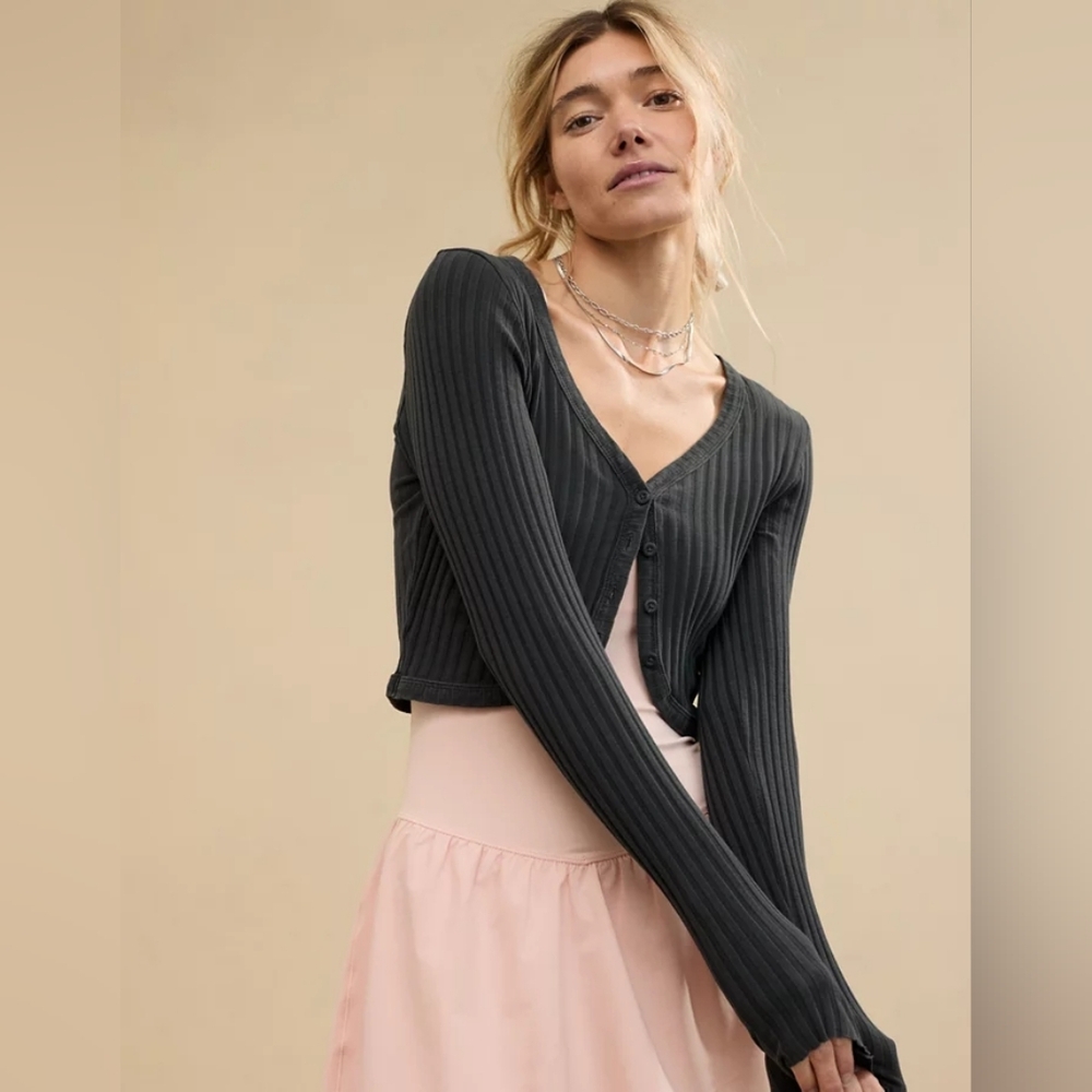 aerie Charcoal Ribbed Cropped Cardigan